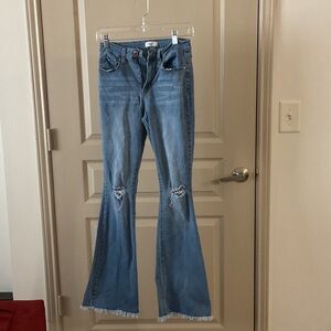 Trendy Distressed Blue Flare Jeans